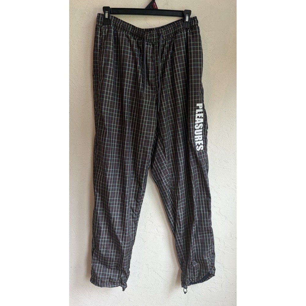 Pleasures Athletic Wind Pants L Brown Plaid Logo Grunge Alt Cyber Techwear